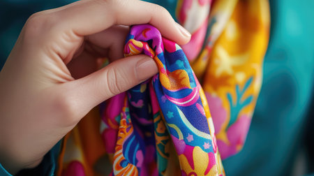 A close-up image showcasing a hand gently holding a vibrant scarf. The intricate patterns and bright colors highlight the elegance and warmth of the textile.の素材
