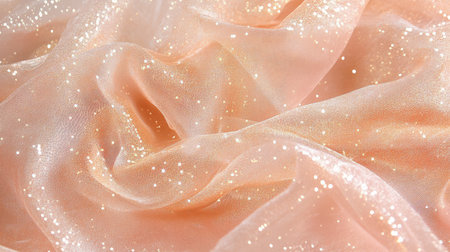 Stunning close-up of a delicate peach fabric featuring sparkling details and soft light reflections. Perfect for creating elegant backgrounds or enhancing artistic design projects.の素材