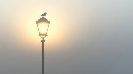 A beautiful morning capture featuring a streetlamp glowing softly at sunrise with a bird perched on top, all enveloped in a serene misty ambiance, perfect for evoking tranquility.の素材