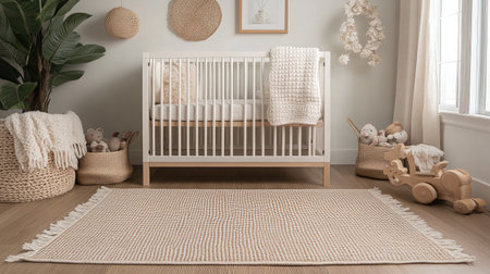 This serene nursery features a cozy crib, natural textures, and gentle decor elements that create a relaxing atmosphere for infants and toddlers, emphasizing comfort and style.の素材