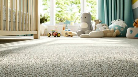 A stunning children's room featuring a cozy atmosphere with soft carpet, a wooden crib, plush toys, and ample natural light creating a cheerful play space.の素材