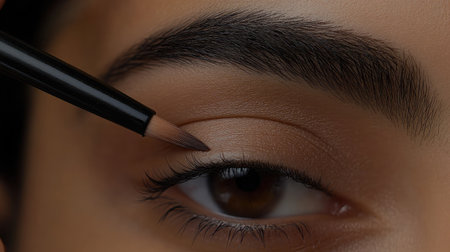 A captivating close-up image of a woman expertly applying eyeliner, showcasing the artistry and precision of eye makeup while highlighting natural beauty and personal care.の素材