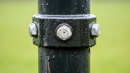 Close-up image featuring water droplets on a metal pole secured with nuts and bolts, showcasing industrial hardware against a blurred green background in natural light.の素材