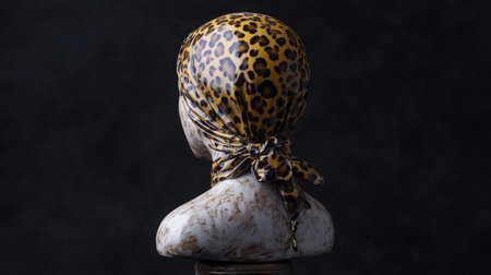 A stunning still life composition featuring a sculpted bust adorned with a striking leopard print scarf, set against a dark and moody background that enhances artistic details.の素材