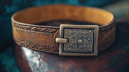 This image showcases an elegant vintage leather belt featuring an intricately designed buckle, resting on a soft leather surface, ideal for fashion or style photography.の素材