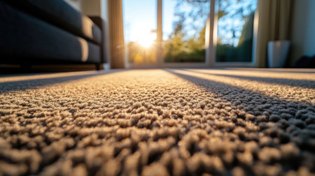 A warm and inviting living room with a soft carpet, illuminated by sunlight streaming through large windows, creating a cozy and peaceful atmosphere.の素材