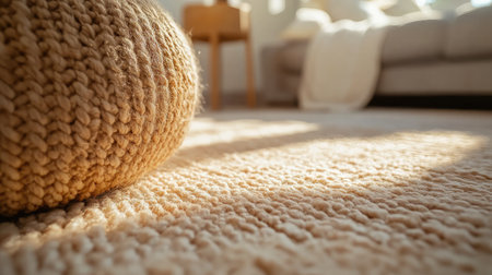 A serene living room scene showcasing a knit pouf and a soft beige rug, illuminated by warm sunlight, creating an inviting and cozy atmosphere perfect for relaxation.の素材