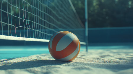 A close view of a volleyball on the sand beside a net, perfect for illustrating summer sports, outdoor activities, and vibrant beach life filled with excitement and enjoyment.の素材