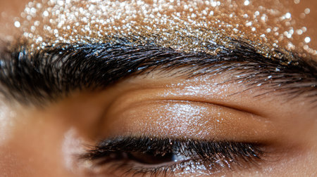 A stunning close-up image of an eye adorned with glittery makeup, focusing on the eyebrow and showcasing the intricacies of beauty and artistic expression.の素材