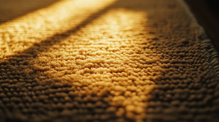 A close-up view of a warm textured carpet illuminated by gentle sunlight, casting soft shadows. The scene conveys a cozy and inviting atmosphere perfect for home relaxation.の素材