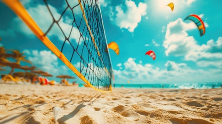 A picturesque beach scene capturing the joy of kite surfing alongside a volleyball net, set against a backdrop of sunny skies and gentle waves, ideal for summer enthusiasts.の素材