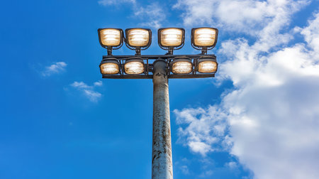A tall metal pole equipped with powerful floodlights stands against a vibrant blue sky dotted with fluffy white clouds, showcasing a bright and sunny atmosphere.の素材