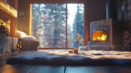 A cozy winter living room featuring a warm fireplace, a soft rug, and a scenic view of a snowy forest through large windows, creating an inviting atmosphere.の素材