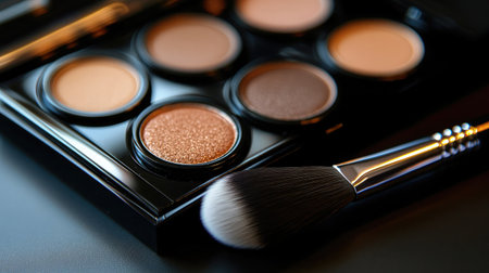 An elegant makeup palette displaying an array of eyeshadow shades and a professional brush, ideal for those passionate about makeup artistry and beauty trends.の素材