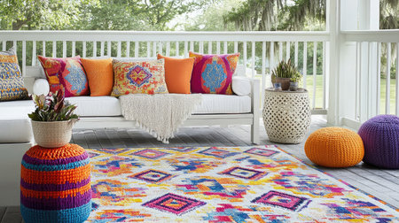 Experience a cheerful outdoor living area featuring a colorful rug, bright pillows, and decorative plants, perfect for relaxation and entertaining on a sunny day.の素材