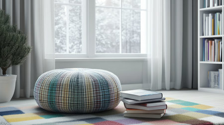 This image features a cozy living room with a colorful pouf and a stack of books near a large window, creating a bright and inviting atmosphere perfect for relaxation.の素材
