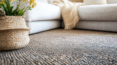 A warm and inviting home interior featuring a cozy sofa, a textured rug, and a stylish woven basket with fresh flowers to create a serene atmosphere.の素材