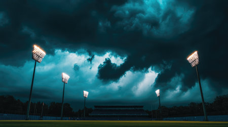 A surreal scene depicting an athletic field under dark, menacing clouds with bright floodlights illuminating the ground, capturing the energy and anticipation before a possible storm.の素材