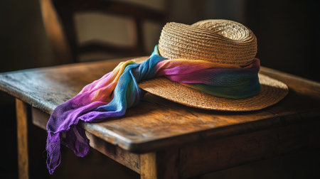 A beautiful straw hat with a colorful silk scarf sits elegantly on a rustic wooden table, evoking a charming summer atmosphere in a cozy, softly illuminated space.の素材