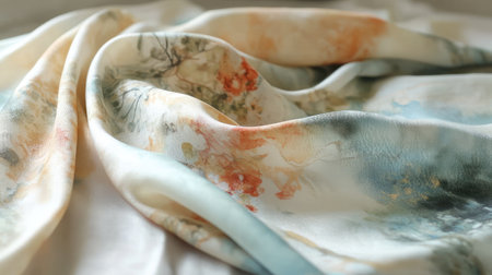 A beautiful fabric with a delicate floral pattern, showing soft textures and elegant flow. Ideal for backgrounds, fashion, and artistic designs with vibrant pastel colors.の素材