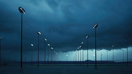 An evocative image showcasing an empty sports field illuminated by floodlights under a moody, dark sky, creating a tranquil yet dramatic atmosphere filled with anticipation.の素材