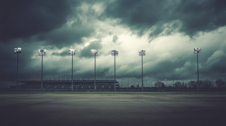 An empty sports field under a dramatic sky filled with clouds and illuminated by floodlights creates a moody atmosphere, hinting at an approaching storm.の素材