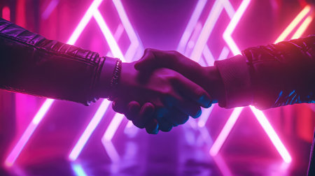 A vibrant and colorful image of two hands shaking against a neon-lit backdrop, symbolizing unity and connection in a modern and dynamic environment.の素材