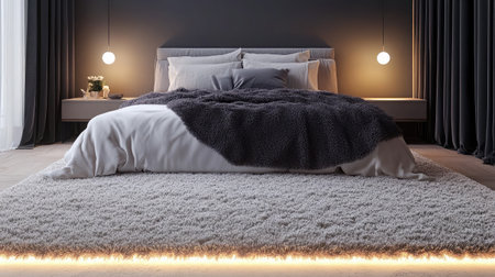 Experience modern comfort in this cozy bedroom featuring a plush rug, soft bedding, and warm lighting, perfect for relaxation and stylish decor.の素材