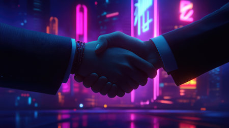 This image captures a close-up of two hands shaking against a vibrant neon cityscape, symbolizing collaboration and trust in a modern business environment.の素材