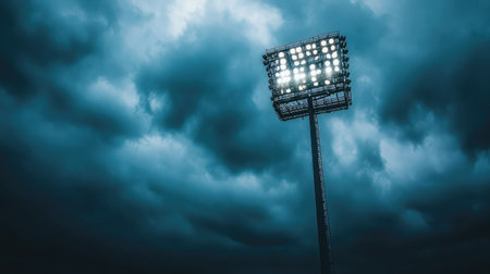 A striking sports floodlight towers over a darkened sky, illuminating the area beneath while ominous storm clouds gather, creating a dramatic atmosphere filled with anticipation.の素材