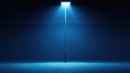 A striking illuminated streetlight stands alone in a dark urban setting, casting a blue glow that creates an eerie yet serene atmosphere, perfect for nighttime photography.の素材