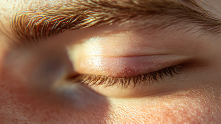 This close-up image features a relaxed human eye with an eyelid gently closed. Natural lighting creates a serene atmosphere, highlighting skin textures and details.の素材