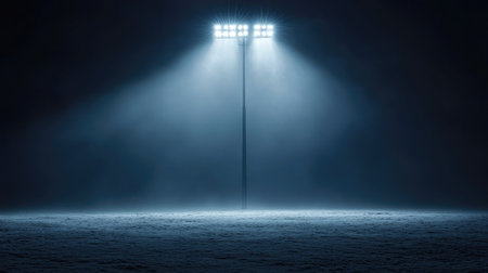 A tall stadium light pole casts an ethereal glow in a dark, foggy environment, creating a mysterious and dramatic atmosphere ideal for creative projects and designs.の素材