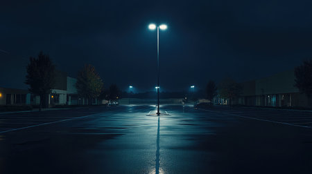 A hauntingly beautiful urban night scene captures a deserted parking lot illuminated by a single pole light, surrounded by shadows and deep reflections, evoking emotions of solitude.の素材