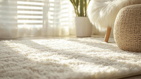 A cozy living room scene featuring a soft shag rug and a knitted pouf, complemented by a green plant and bright sunlight streaming through elegant windows.の素材