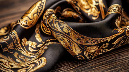 This captivating close-up image features a luxurious black fabric adorned with intricate golden patterns, perfect for inspiring fashion designs and elegant interior decor.の素材
