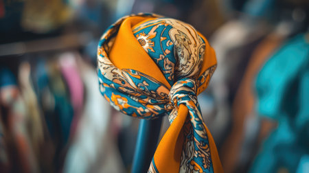 Close-up of a beautifully tied silk scarf showcasing intricate patterns and vibrant colors, perfect for enhancing any fashion outfit or accessory collection.の素材