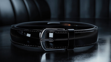 A stylish black leather belt featuring a shiny buckle rests elegantly on a dark surface, showcasing texture and design, ideal for fashion-themed projects and product showcases.の素材