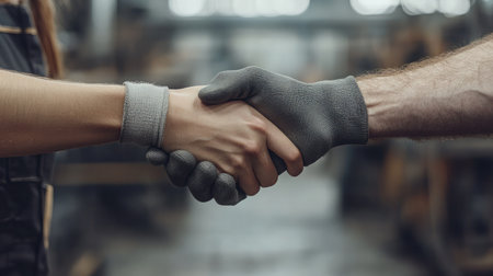 Two individuals engaging in a firm handshake within an industrial environment, symbolizing collaboration, trust, and a strong partnership in a business context.の素材