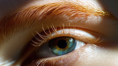 This stunning close-up features a blue and green eye with delicate eyelashes illuminated by natural light, creating a captivating blend of colors and textures.の素材
