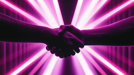 A striking image of two hands shaking against a vibrant pink and purple backdrop, symbolizing partnership and collaboration in modern relationships and business contexts.の素材