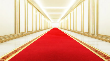 Experience the beauty of a luxurious hallway featuring a striking red carpet leading to a bright, inviting light, adorned with elegant gold detailing and modern architecture.の素材
