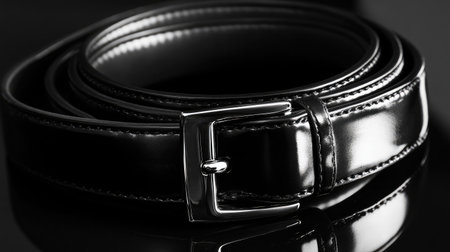 This stunning image features a black leather belt with a glossy finish, elegantly positioned on a reflective surface, showcasing minimalist design and high-quality craftsmanship ideal for fashion displays.の素材