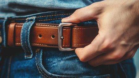 A detailed close-up of a hand adjusting a classic brown leather belt on denim jeans, highlighting the blend of style and comfort in everyday fashion choices.の素材