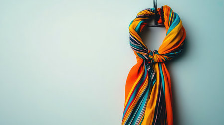 A stunning image of a colorful scarf elegantly hanging on a hook, featuring bright stripes and bold patterns, perfect for showcasing fashion trends and vibrant lifestyle.の素材
