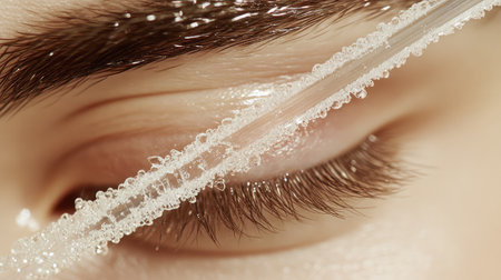 A mesmerizing close-up of an eye featuring a serum applicator, demonstrating the essence of skincare and beauty with droplets of moisturizing liquid on the lashes.の素材