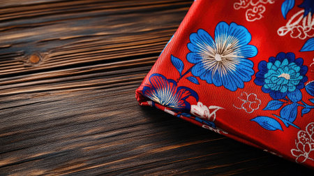 A vivid red fabric featuring a colorful floral pattern laid on a rustic wooden surface. Perfect for textile projects, crafts, and elegant backgrounds that add beauty to any design.の素材