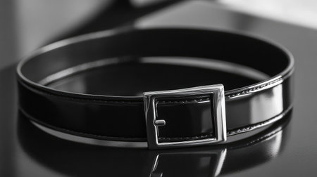 Stunning black glossy belt featuring a sleek silver square buckle, an ideal addition to any modern outfit for a touch of sophistication and style. Perfect for various occasions.の素材