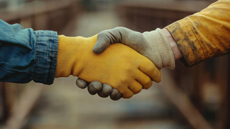 A close-up of two construction workers shaking hands, showcasing safety gloves and the spirit of collaboration in an industrial environment.の素材