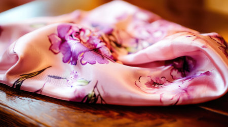 A beautiful piece of pink satin fabric featuring a floral pattern, softly draped on a wooden surface, highlighting the elegance and texture of textiles in a warm, inviting setting.の素材